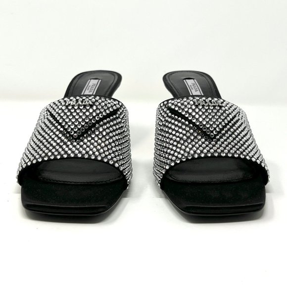 Prada Black Satin Crystal Studded Triangle Logo Slip On Sandal Mules Heels - Picture 5 of 11